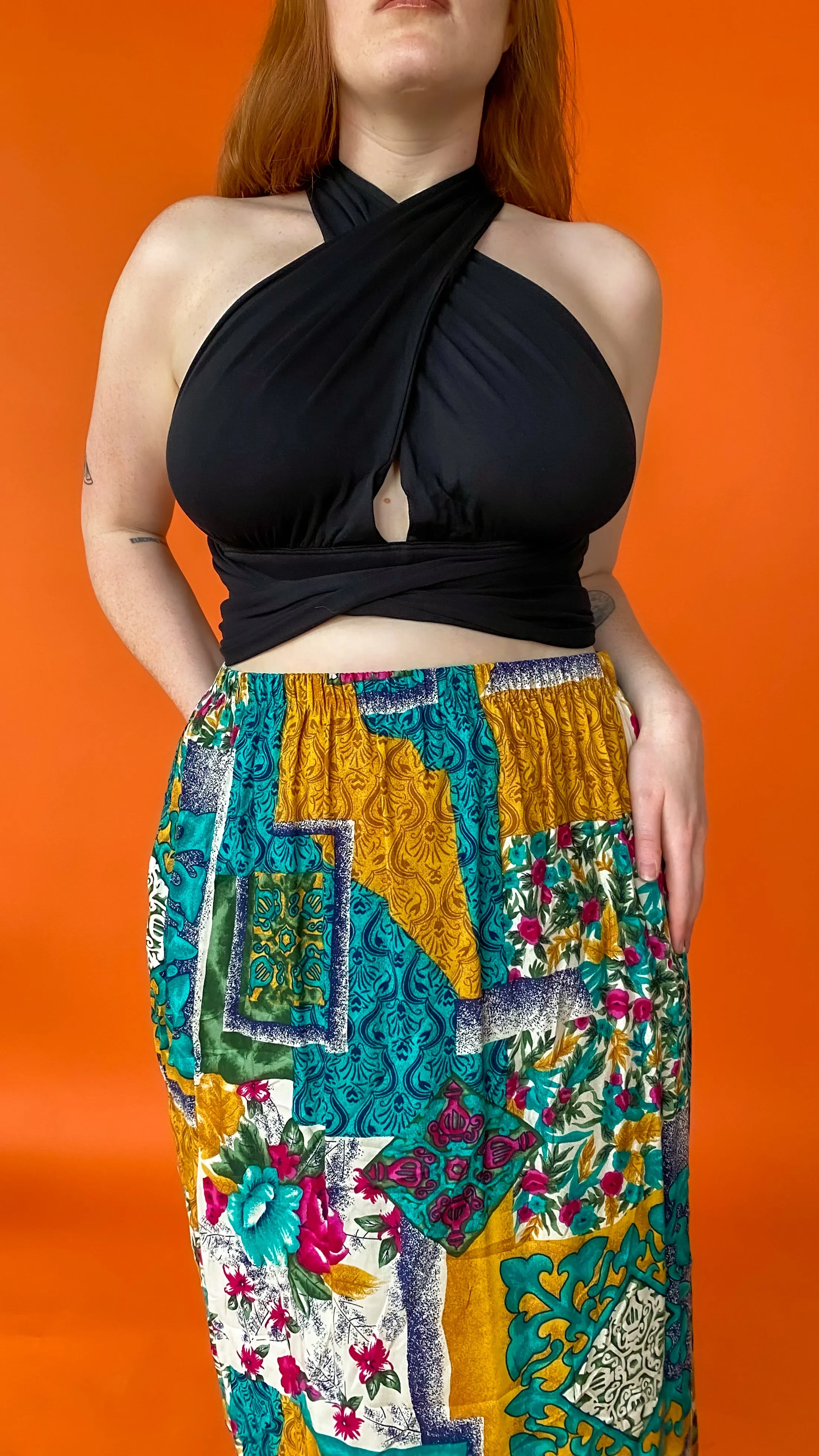 1990s Turquoise and Yellow Abstract Patterned Skirt  sz. 1XL