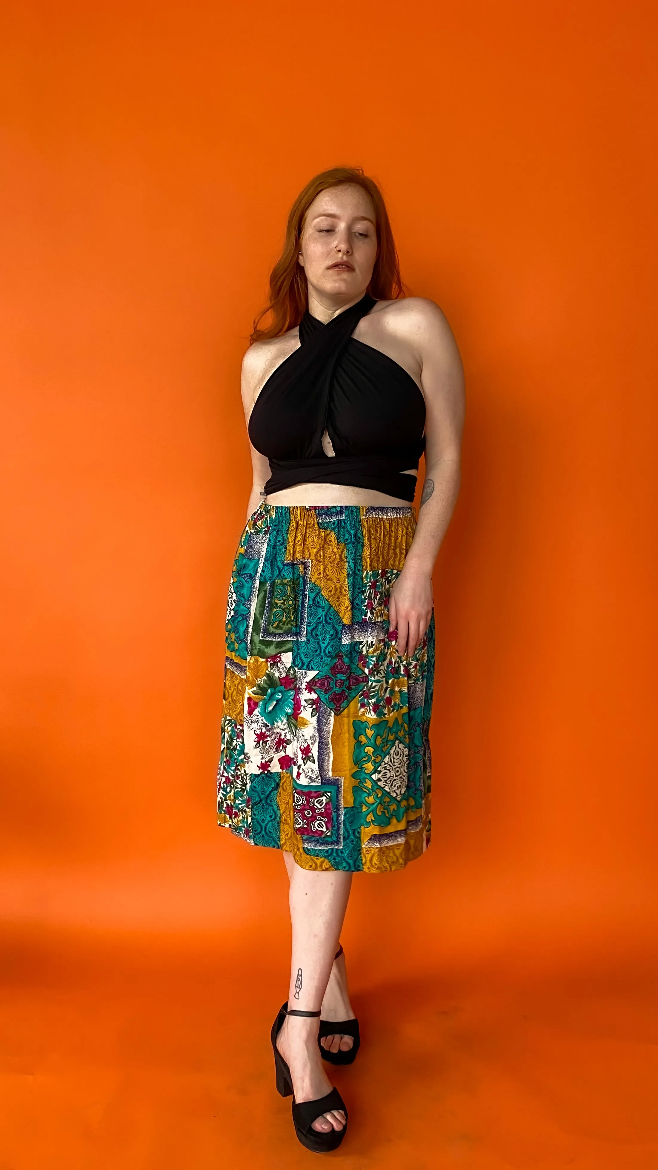 1990s Turquoise and Yellow Abstract Patterned Skirt  sz. 1XL