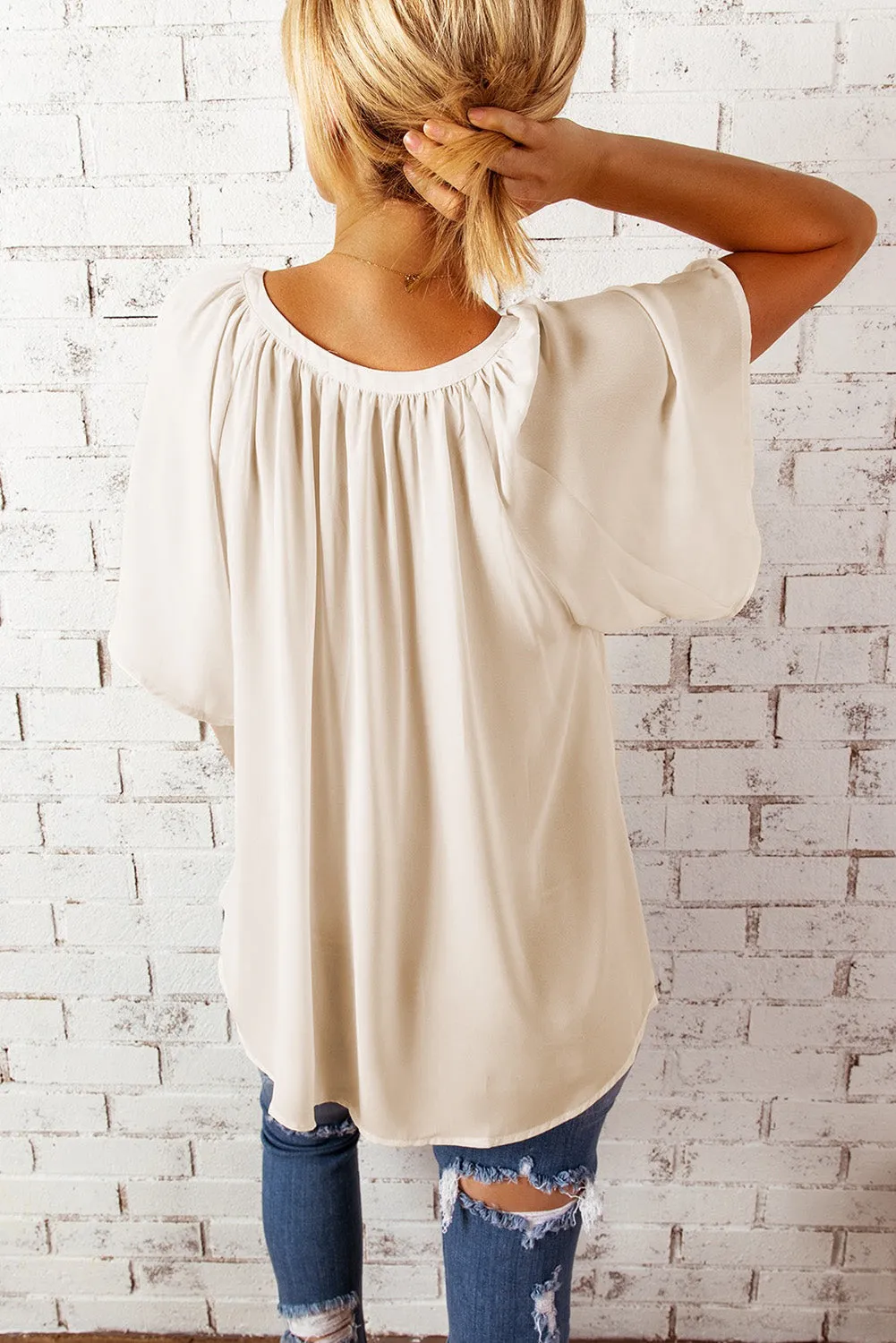 Beige Split Neck Pleated Loose Tees Top