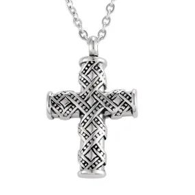 Black and Silver Patterned Cross Memorial Pendant Necklace