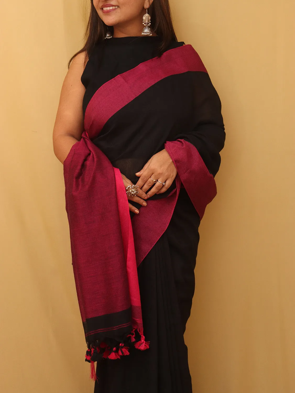 Black Bengal Plain Cotton Saree