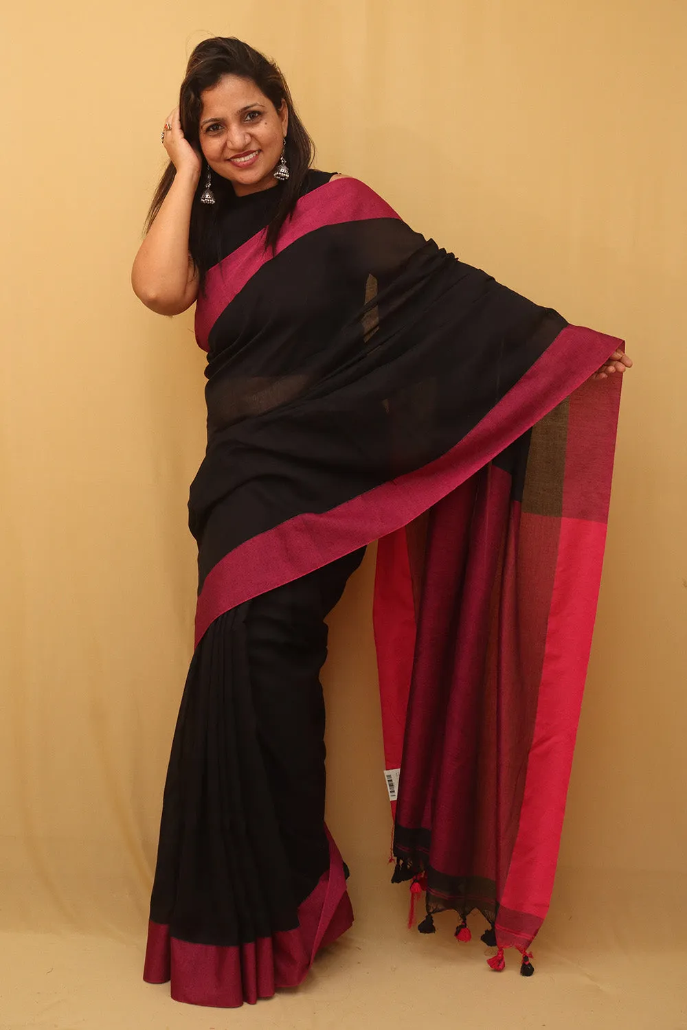 Black Bengal Plain Cotton Saree