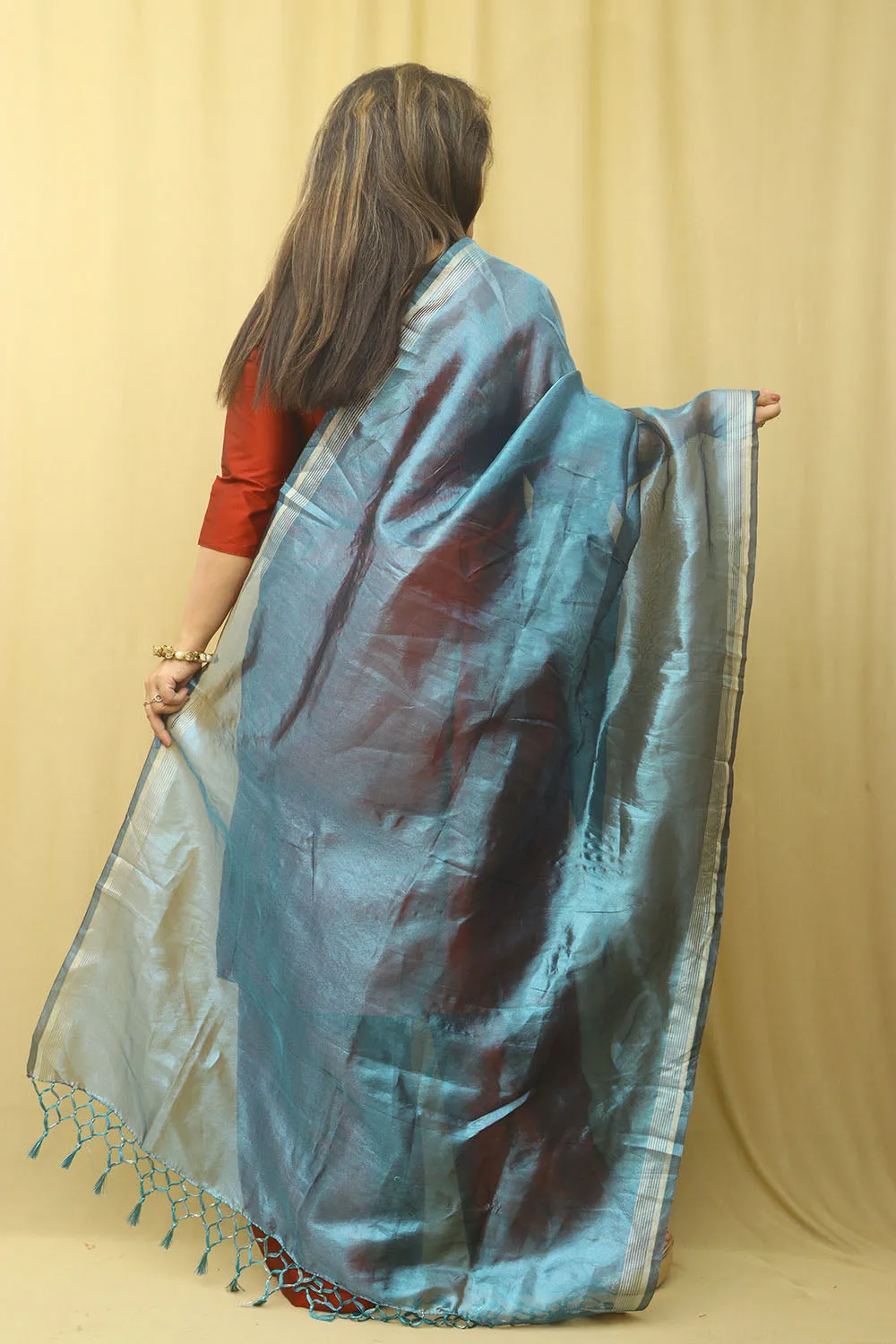 Blue Banarasi Plain Tissue Dupatta