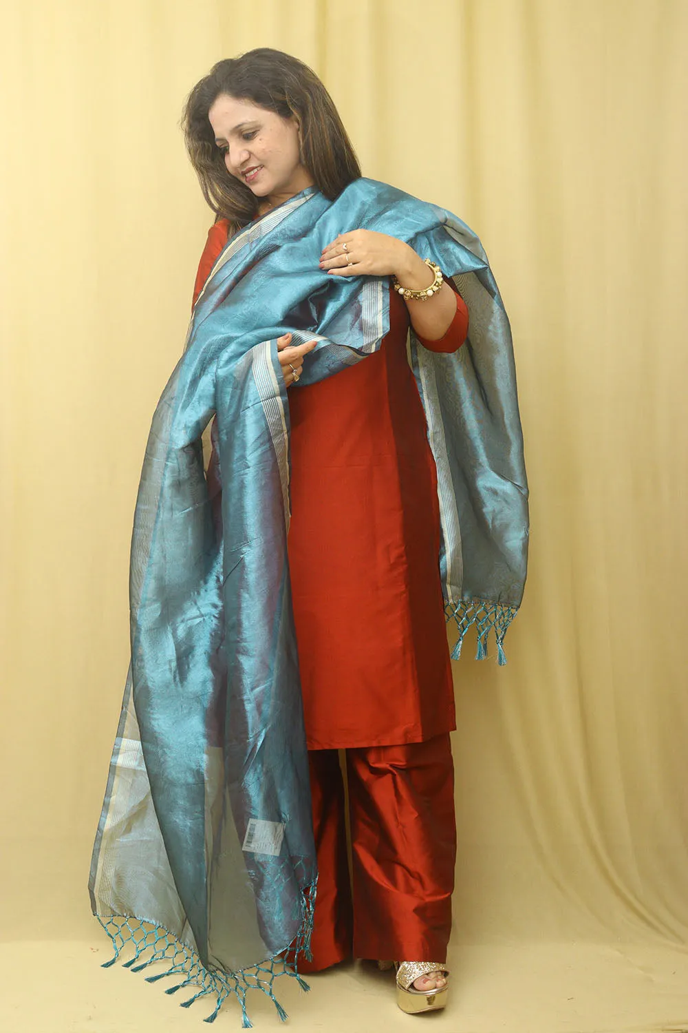 Blue Banarasi Plain Tissue Dupatta