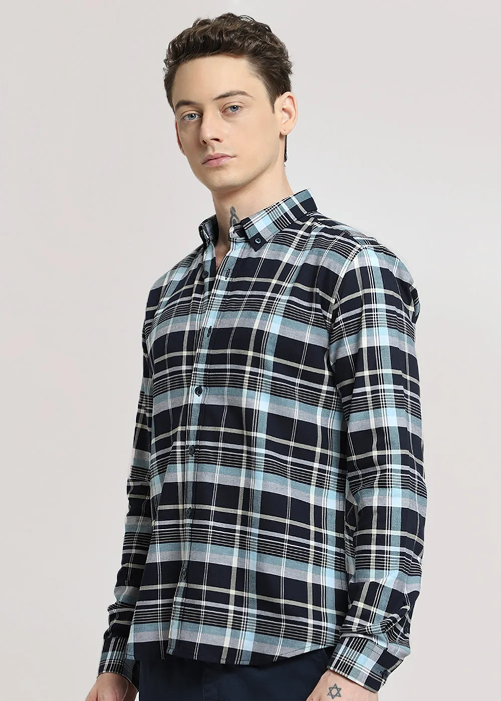 Blue Plaid Cotton Check Shirt