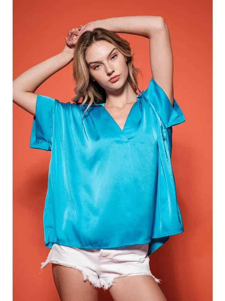 BLUE SATIN V-NECK LOOSE FIT TOP