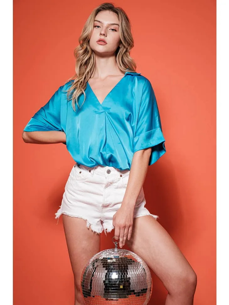 BLUE SATIN V-NECK LOOSE FIT TOP