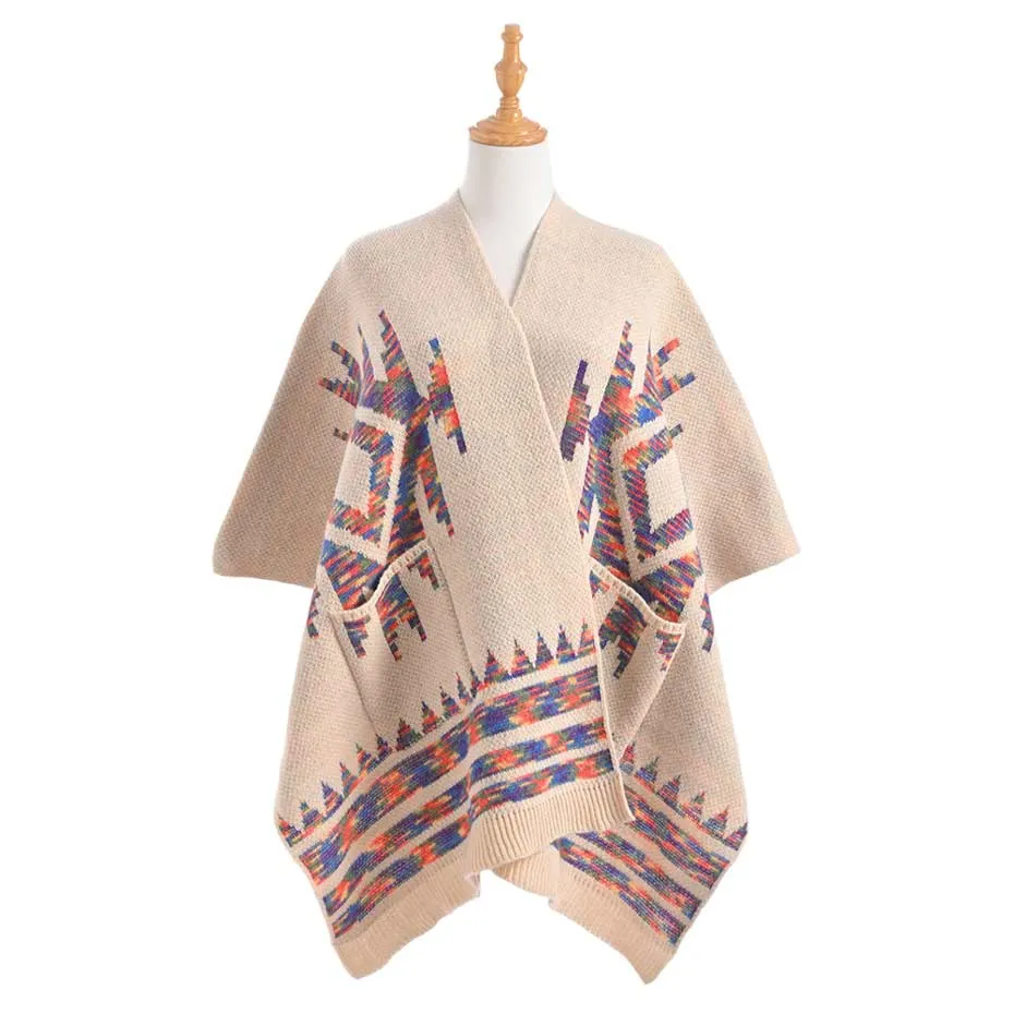 Boho Patterned Front Pockets Poncho