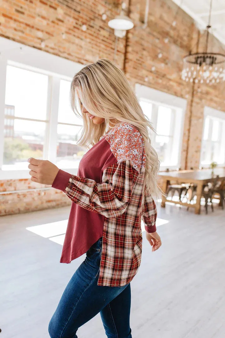 Callen Plaid Notched Neck Slit Blouse