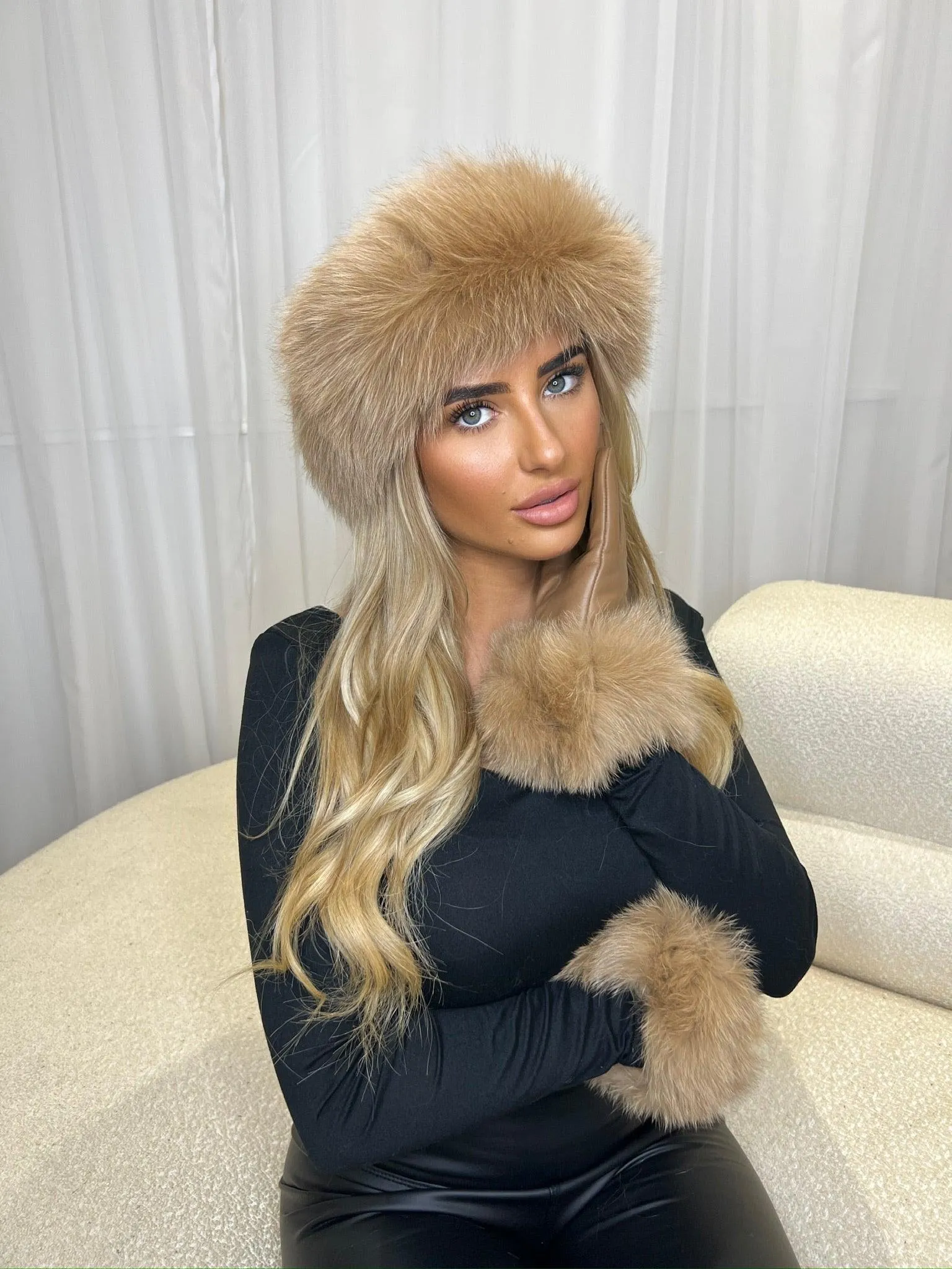 Camel Luxury Fur Leather Gloves