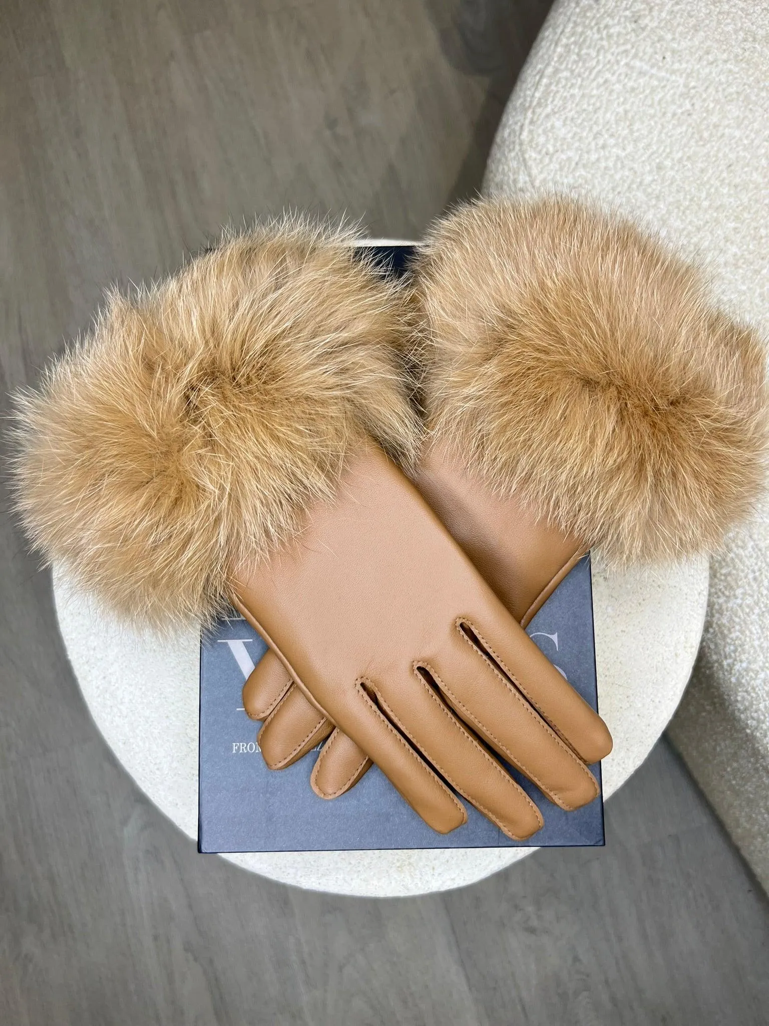 Camel Luxury Fur Leather Gloves