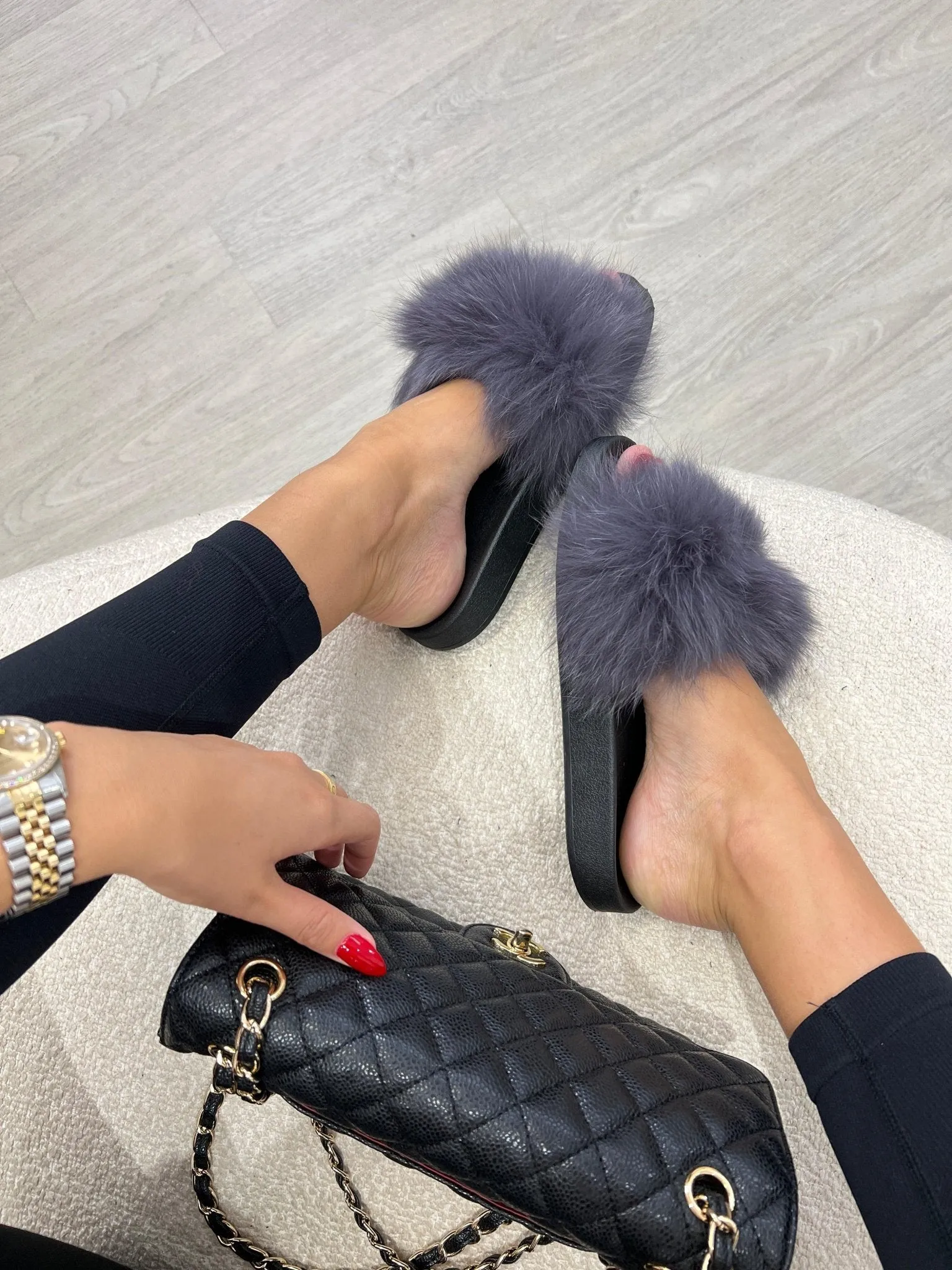 Charcoal Luxury Fur Sliders