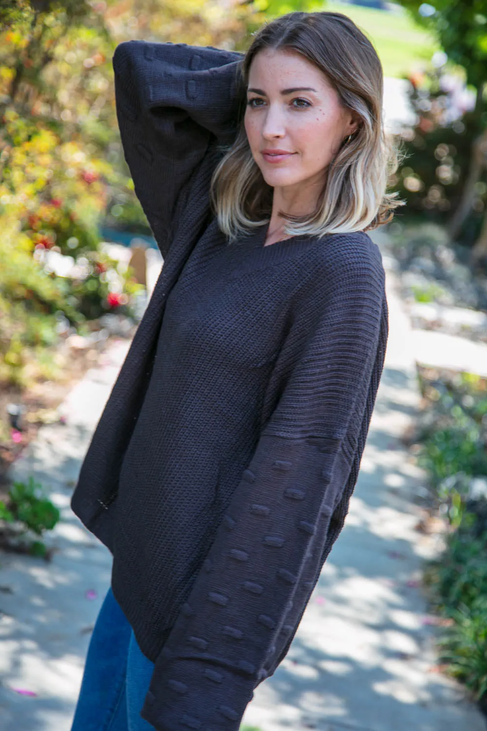 Charcoal Texture Patterned Bubble Sleeve Sweater