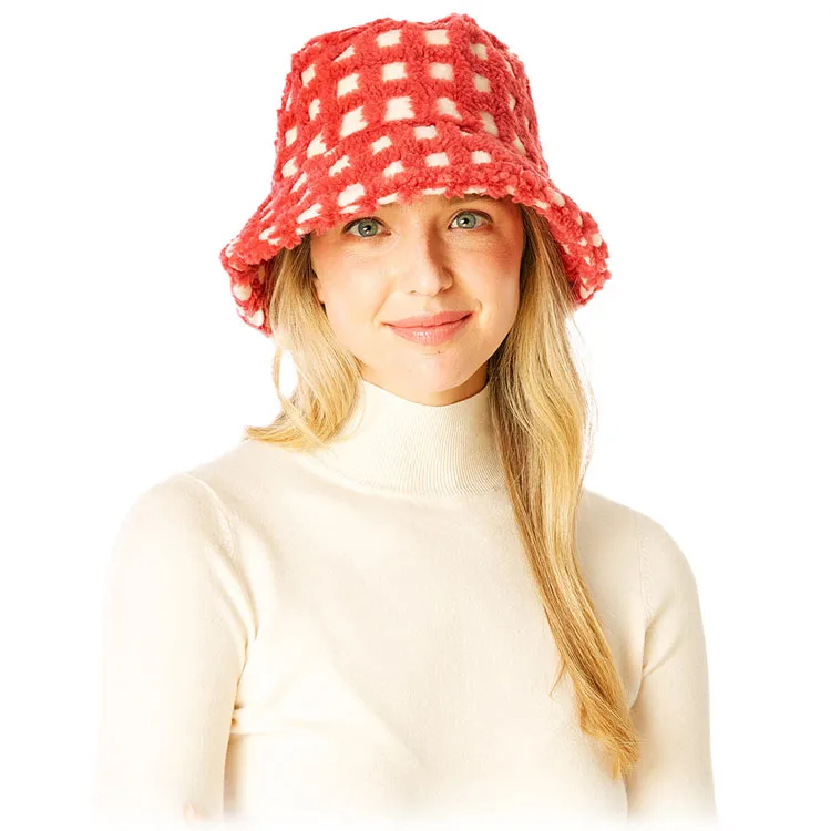 Check Patterned Faux Fur Bucket Hat