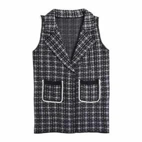 Check Patterned Front Pockets Vest