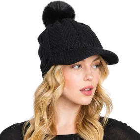 Knitted Cap with Chevron Pattern and Faux Fur Pom Pom.