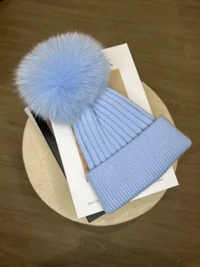 Childrens Baby Blue Luxury Fur Bobble Hat