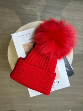 Childrens Red Luxury Fur Bobble Hat