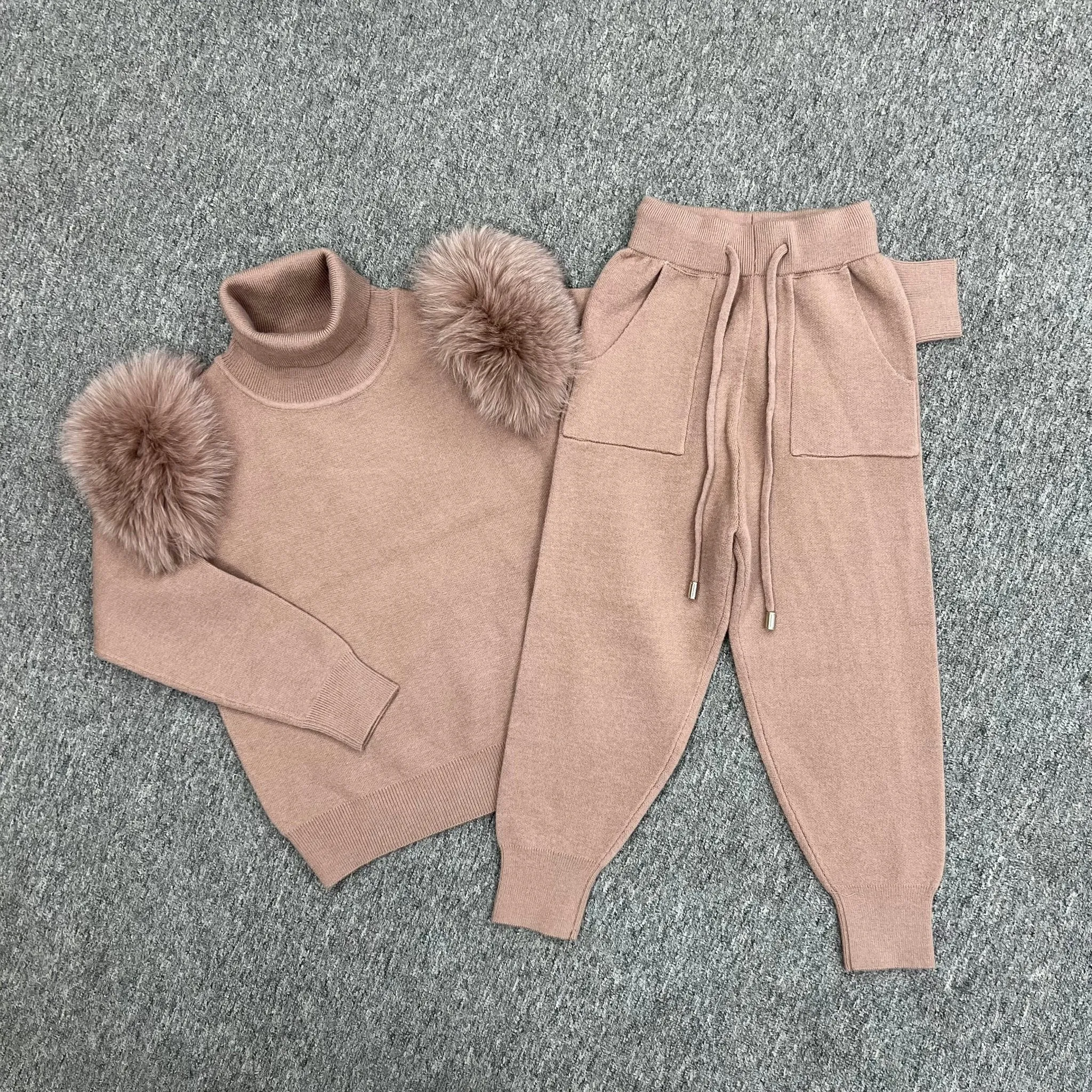 Childrens Taupe Luxury Fur Roll Neck Jogger Tracksuit