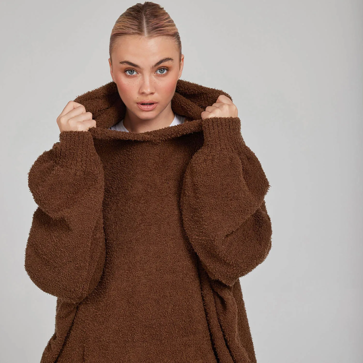 Chocolate Oversized Boucle Knit Hoodie