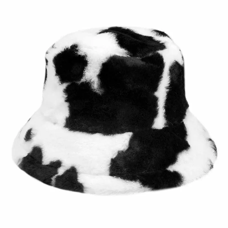 Cow Patterned Faux Fur Bucket Hat