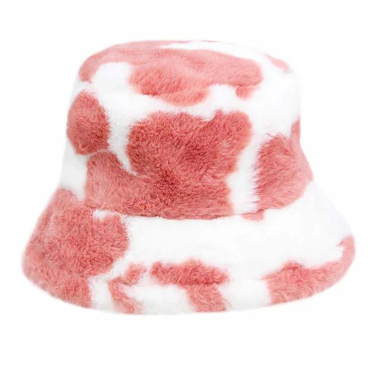 Cow Patterned Faux Fur Bucket Hat