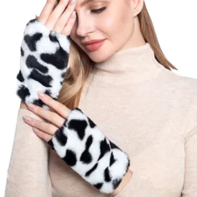 Cow Patterned Faux Fur Fingerless Gloves