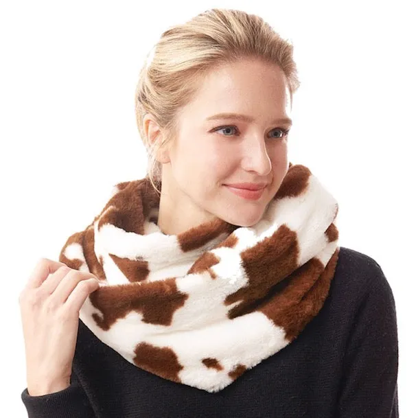 Cow Patterned Plush Faux Fur Sherpa Infinity Scarf