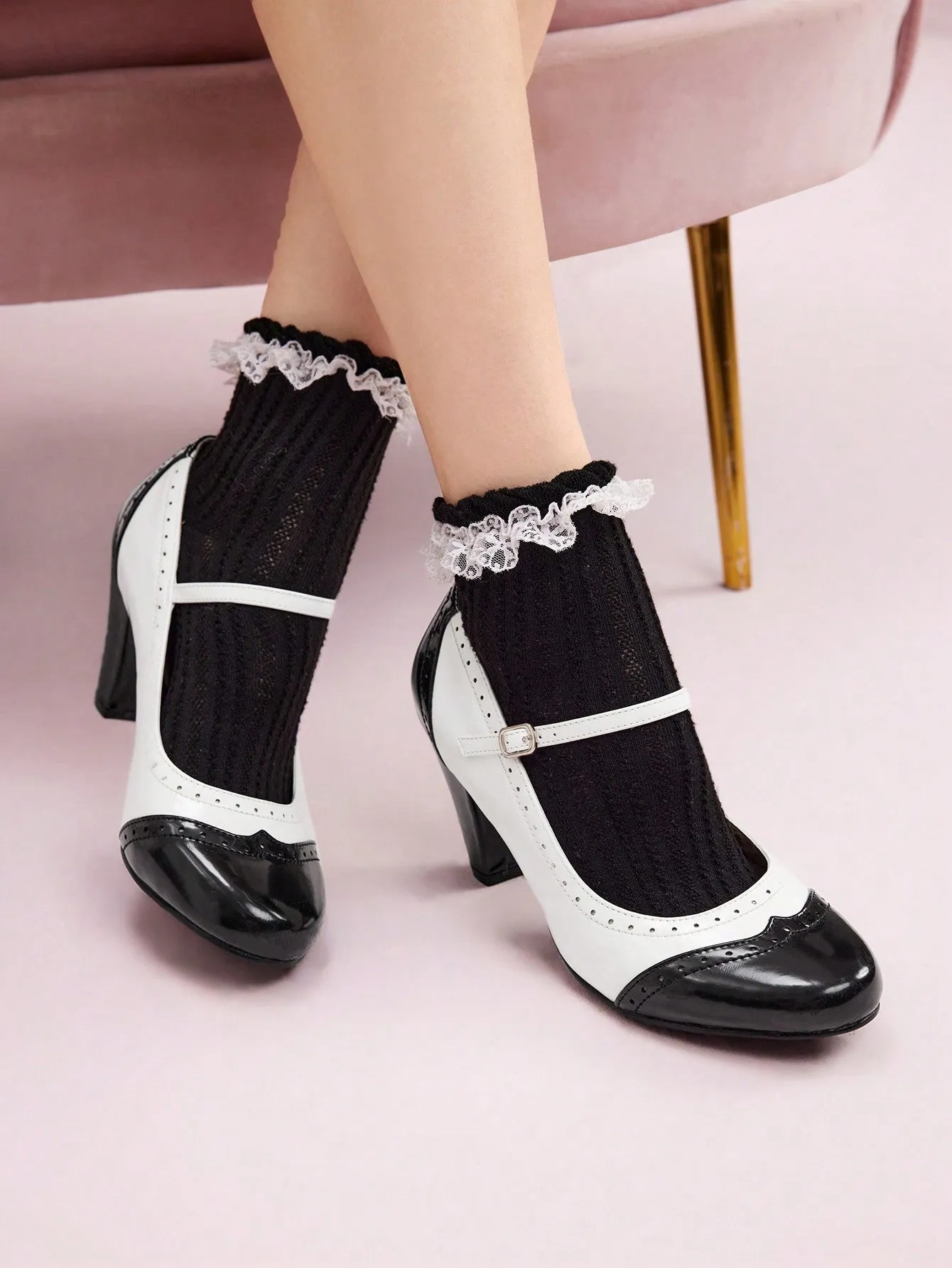 CUCCOO DOLLMOD Vintage Black & White Patterned High Heel Shoes