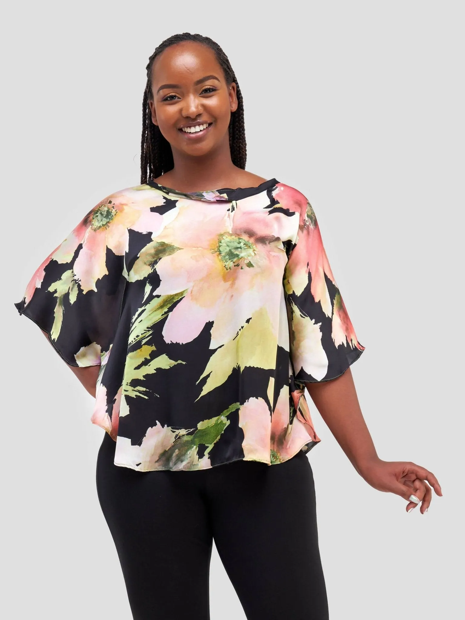 Curves BD Floral Loose Top - Black / Peach Print