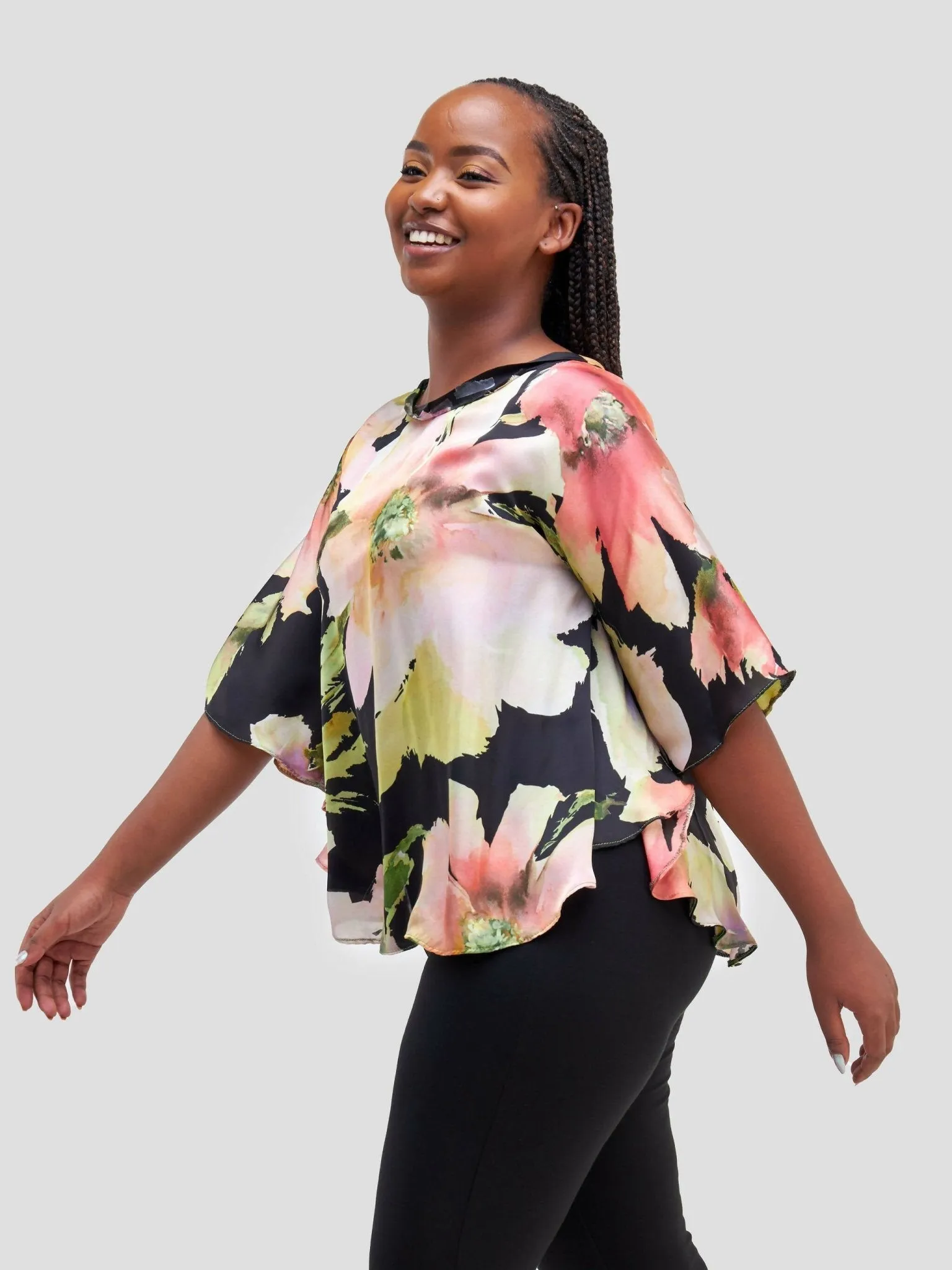 Curves BD Floral Loose Top - Black / Peach Print