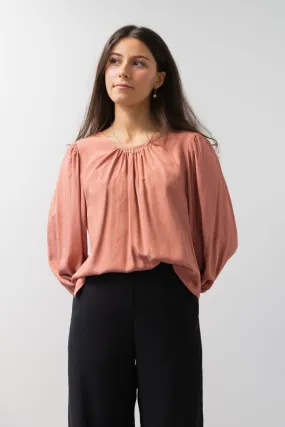 Easy Going Reversible Terracotta Satin Shirred Cuff Puff Sleeve Top