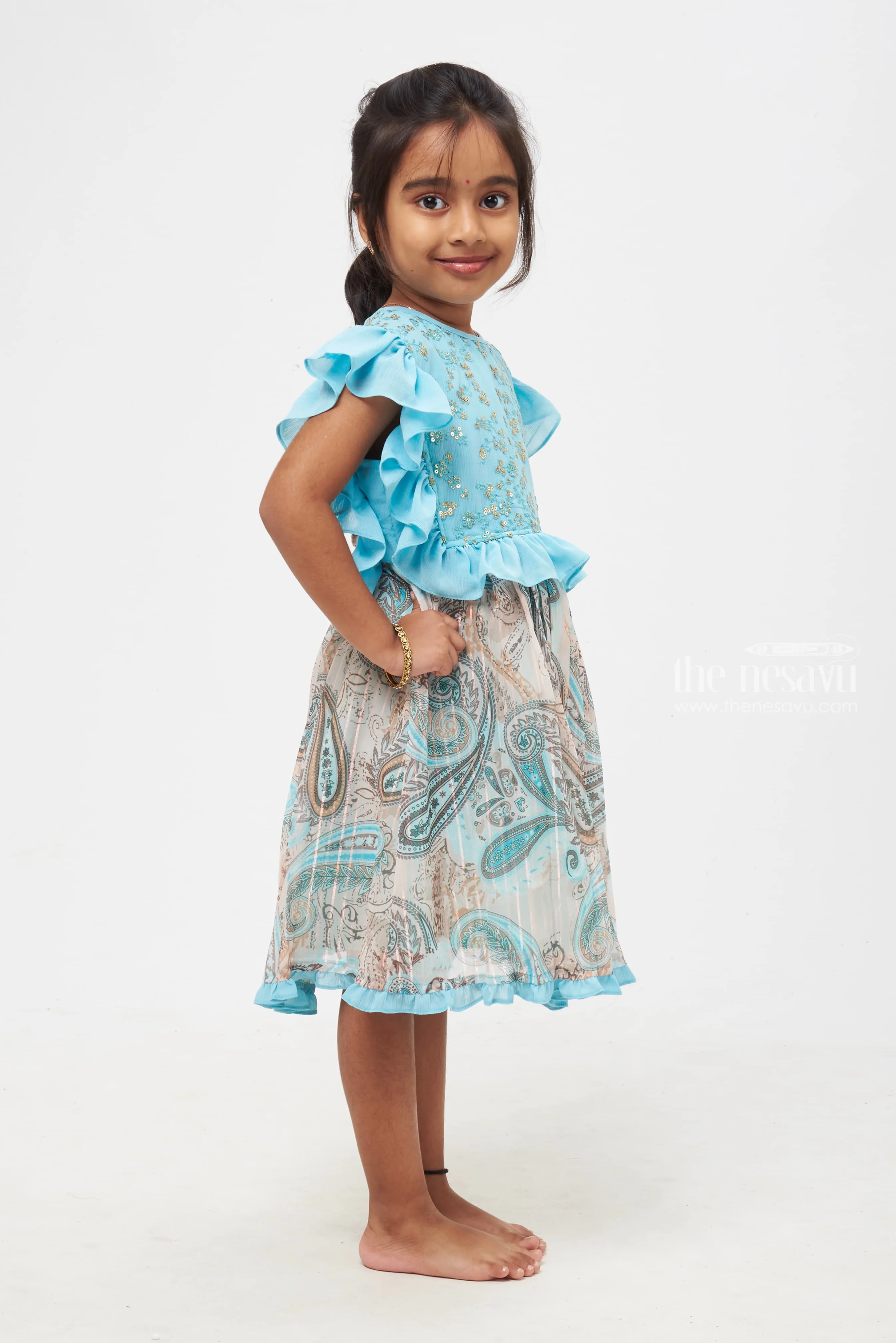 Elegant Paisley Patterned Turquoise Frock for Girls