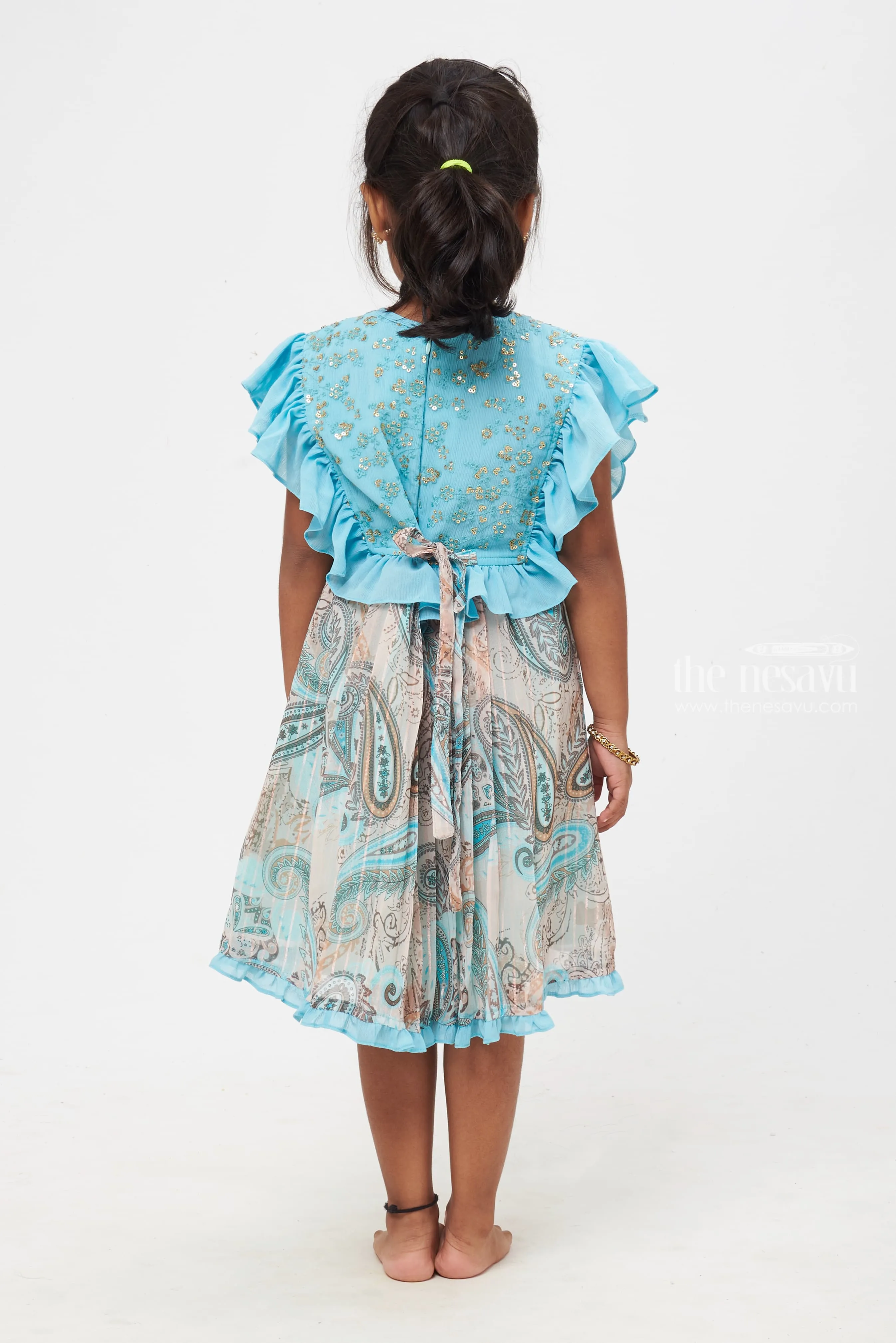 Elegant Paisley Patterned Turquoise Frock for Girls