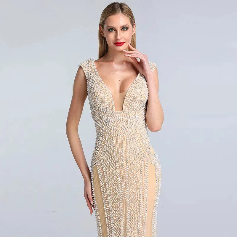 Halle Pearls Luxury Sleeveless Evening Dress