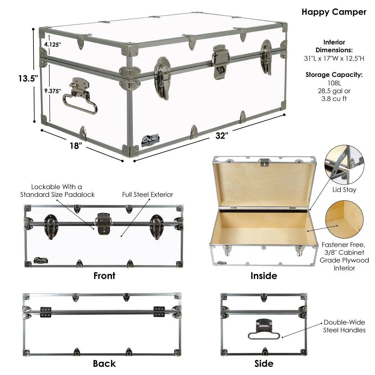 Happy Camper Steel Footlocker Trunk 32x18x13.5"