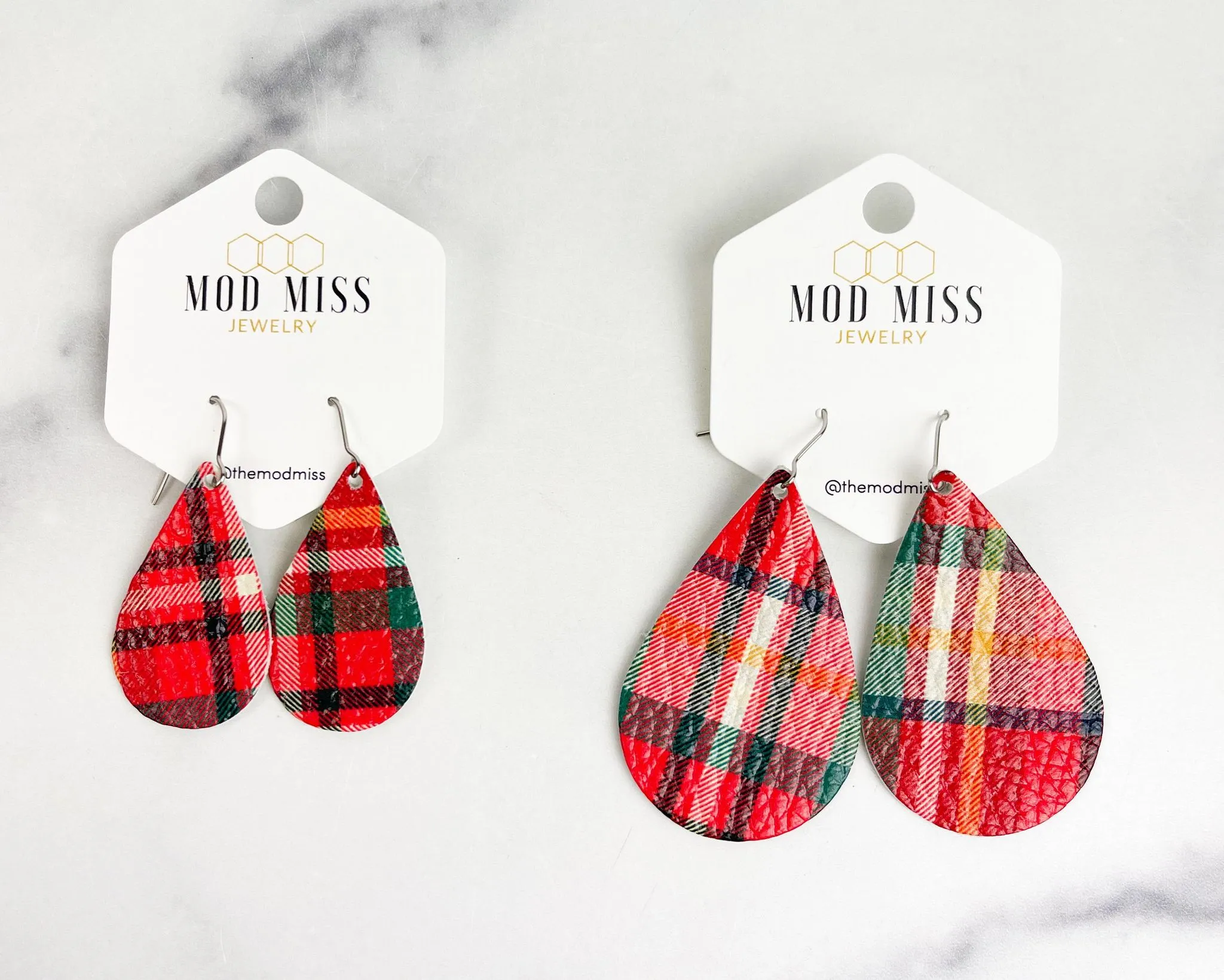 Leather Teardrop Earring Christmas Plaid