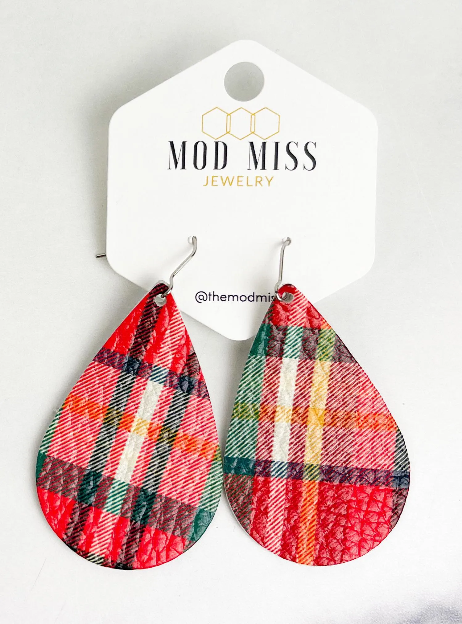 Leather Teardrop Earring Christmas Plaid