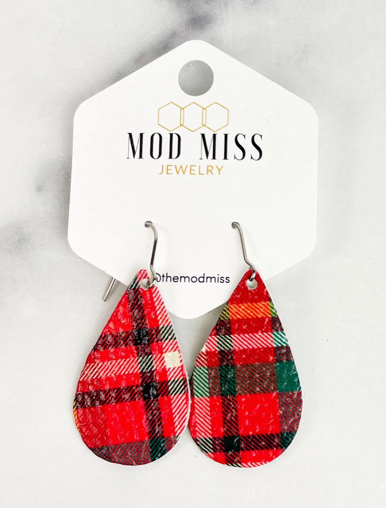 Leather Teardrop Earring Christmas Plaid