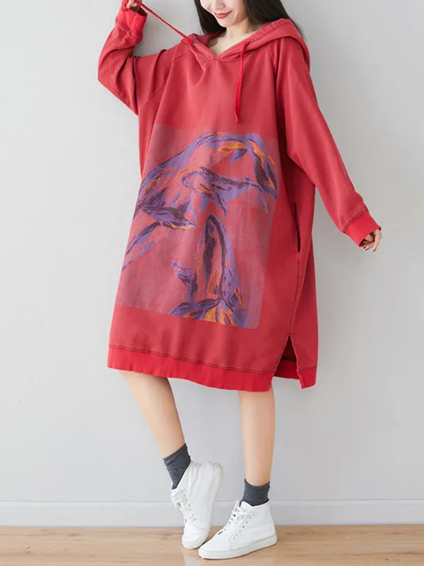 Loose Ethnic Floral Hooded Sweatshirt Dress