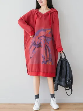 Loose Ethnic Floral Hooded Sweatshirt Dress