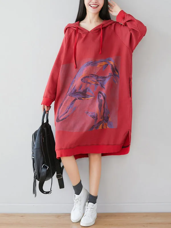 Loose Ethnic Floral Hooded Sweatshirt Dress