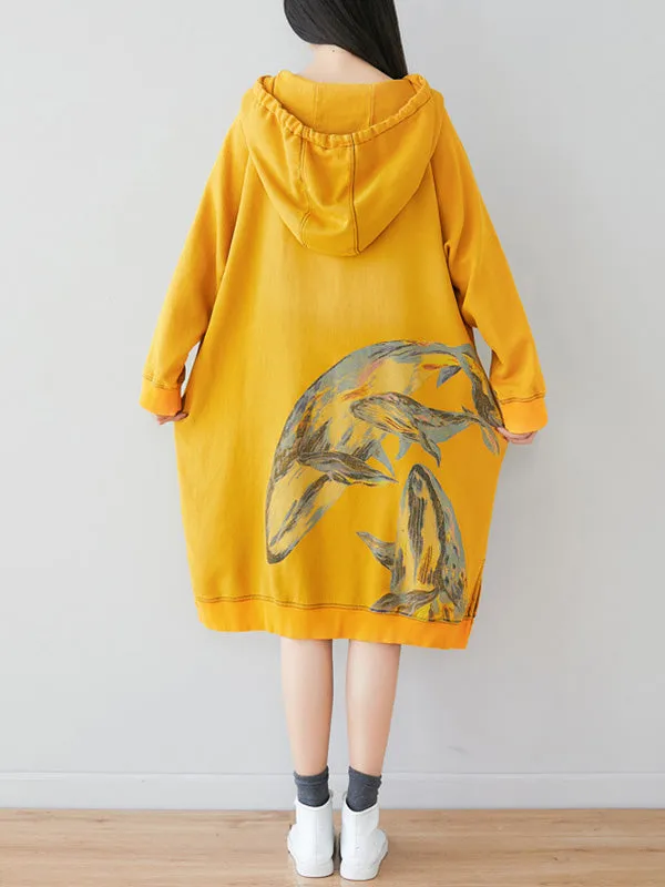 Loose Ethnic Floral Hooded Sweatshirt Dress