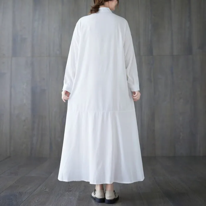 Loose Solid Long Sleeve Cotton Dress