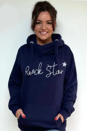 Luxury Cowl Neck Rock Star Hoodie - Midnight Blue