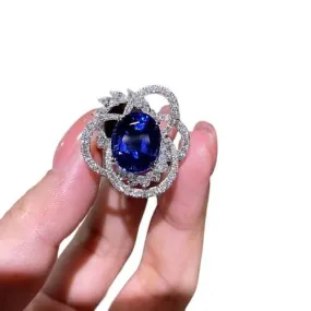 Luxury Oval Blue Flower Sapphire Resizable Ring