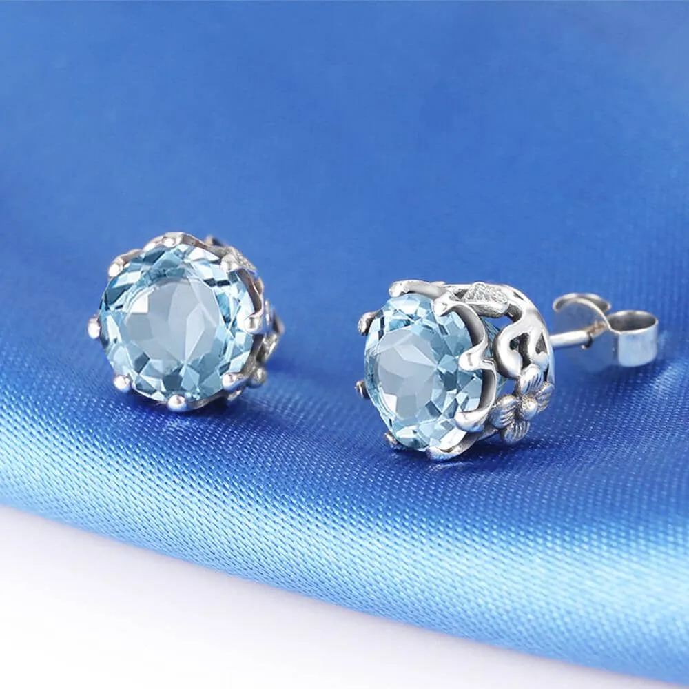 Luxury Vintage Aquamarine Stud Earrings - 925 Sterling Silver