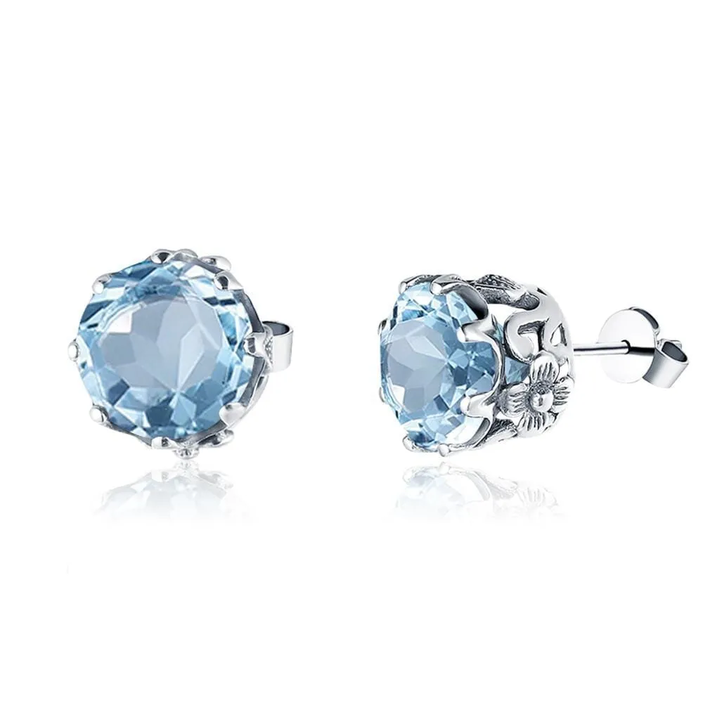 Luxury Vintage Aquamarine Stud Earrings - 925 Sterling Silver