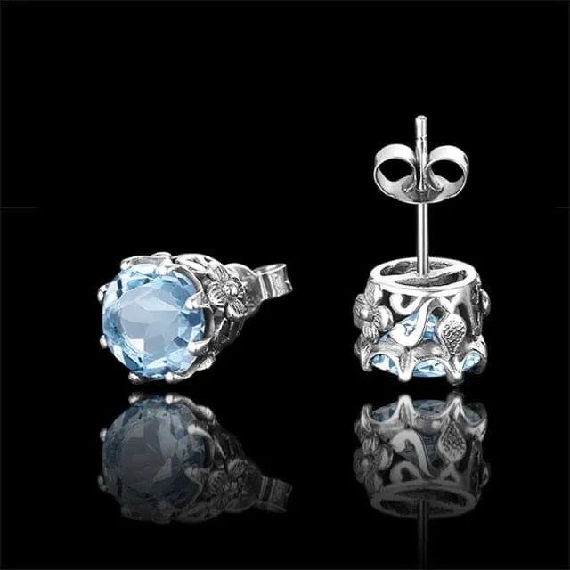 Luxury Vintage Aquamarine Stud Earrings - 925 Sterling Silver