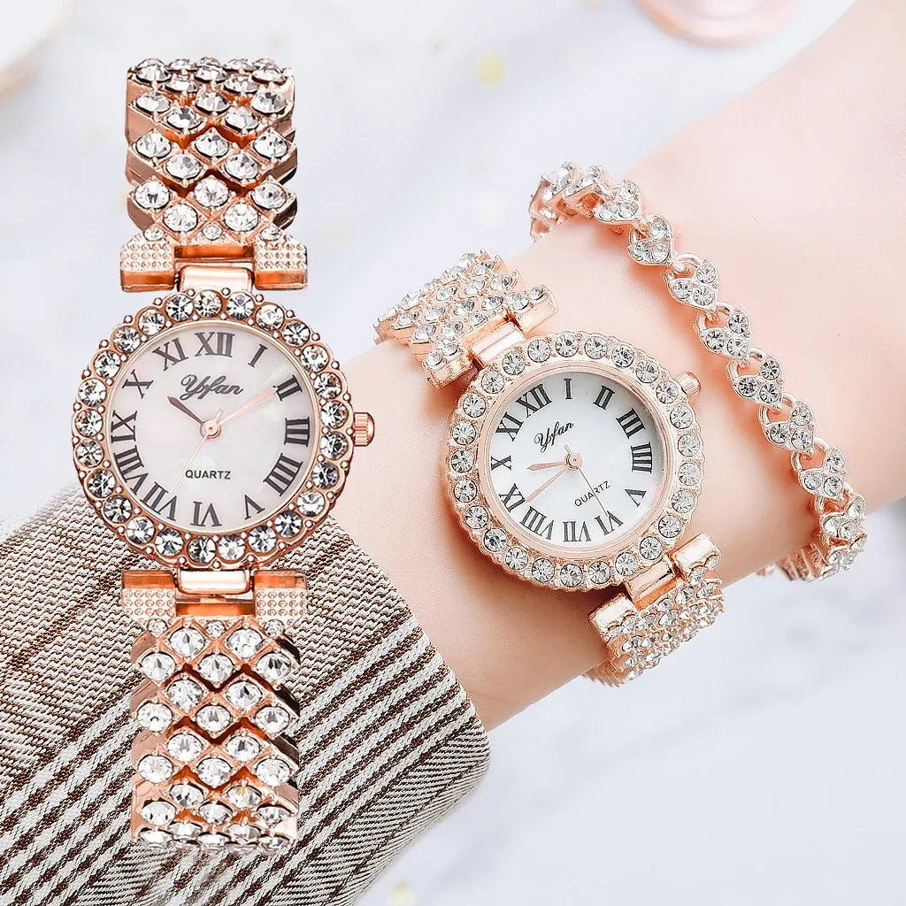 Luxury Women Elegant 2pcs Set Diamond Wristwatch